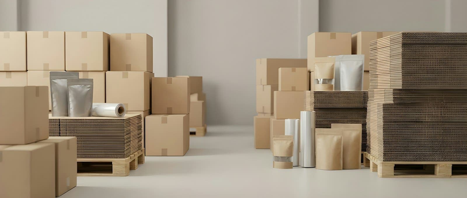Caixas de papelão e materiais de embalagem em um depósito
