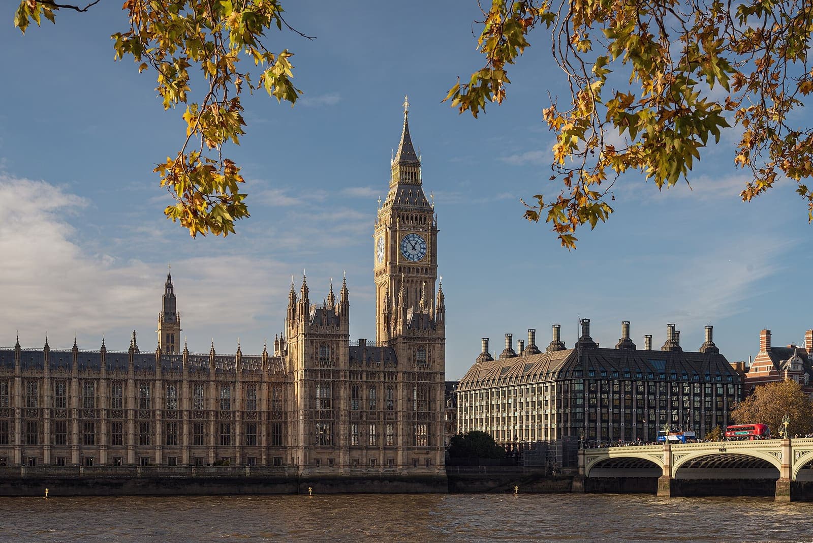The Palace of Westminster and Westminster Bridge seen from the east bank of the Thames, London